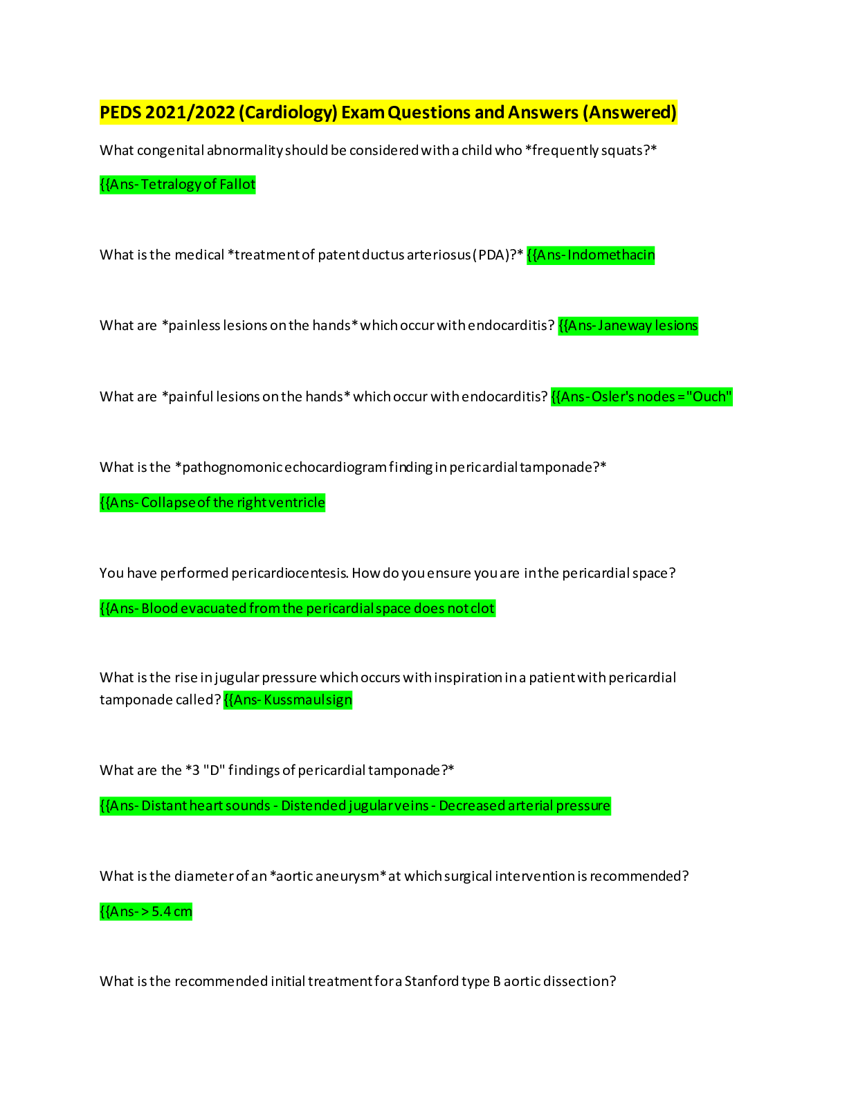 Preview image for PEDS 2021/2022 (Cardiology) Exam Questions and Answers (Answered)